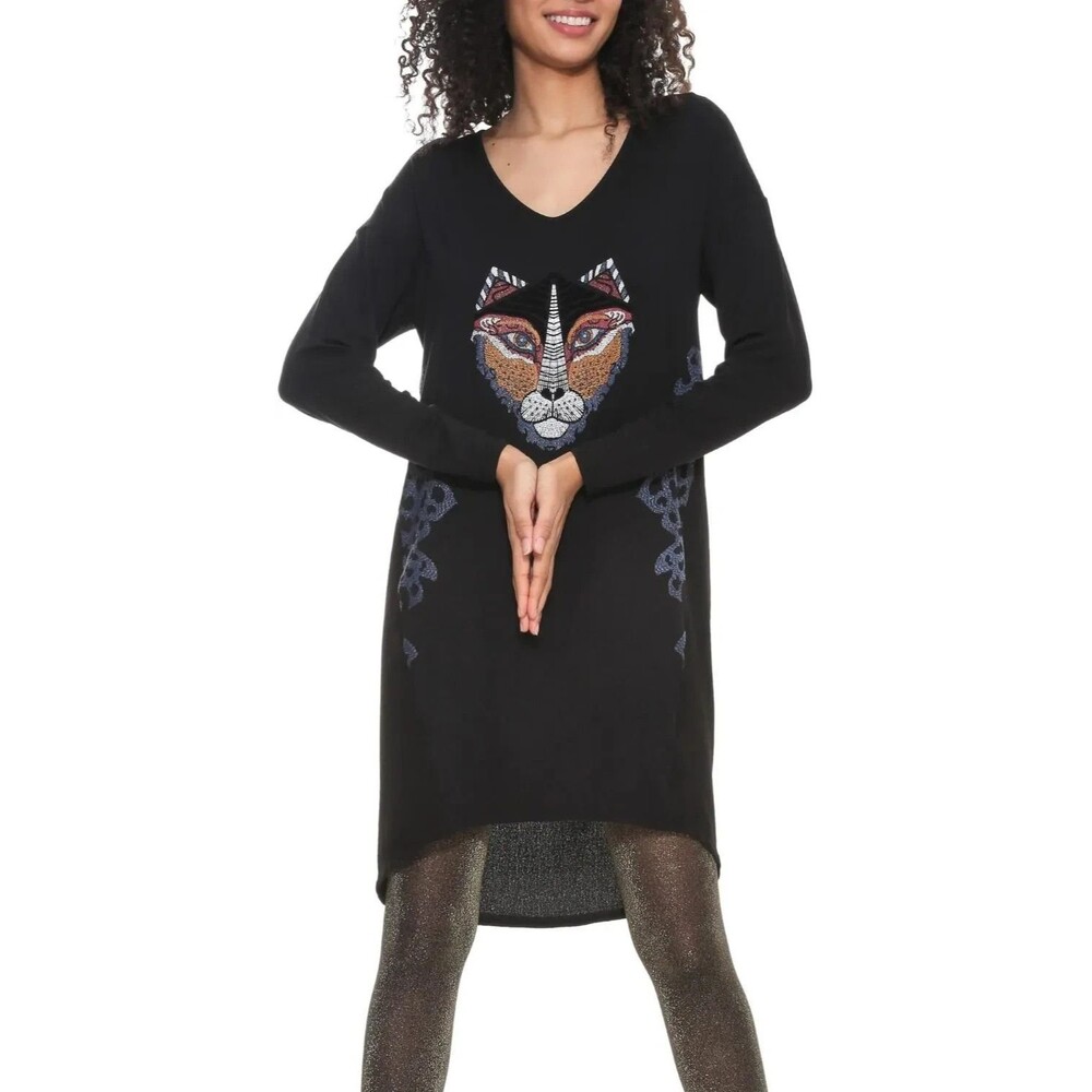 Desigual "Gabriella" Black Tunic Dress L Tiger We Are Animals Long Sleeve